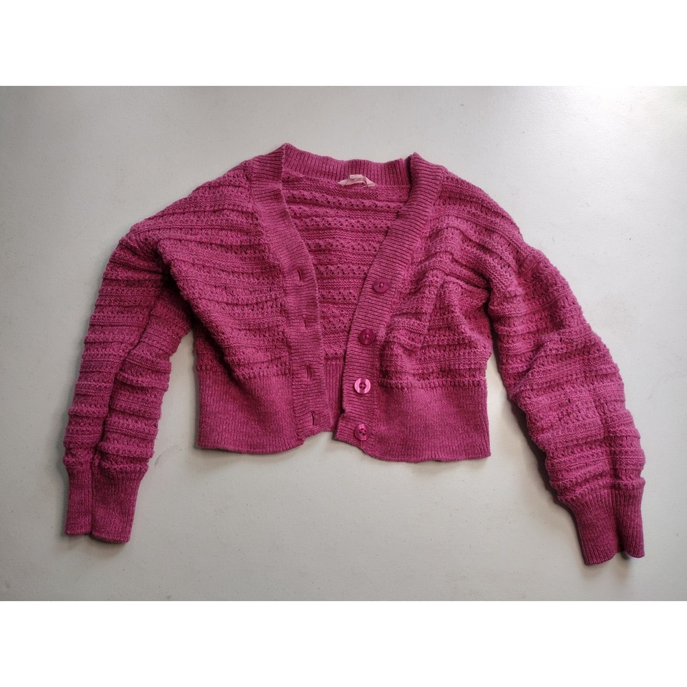 Jessica Simpson Girls Magenta Pink Cropped Pointelle Knit Cardigan Sweater M